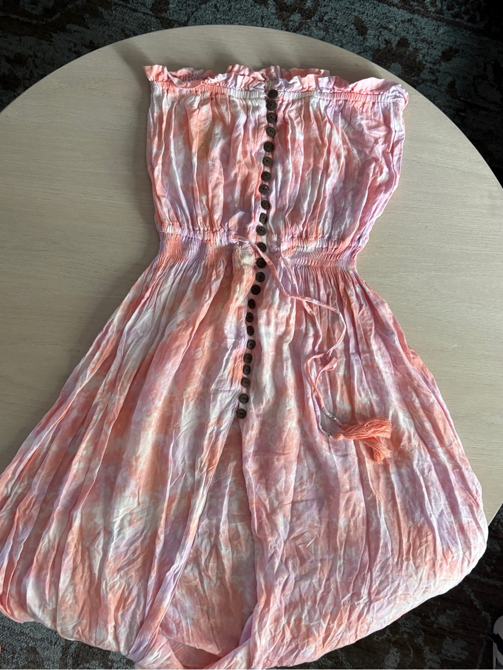 Tiare Hawaii Coral-Pink-Purple Strapless Button-Front Dress